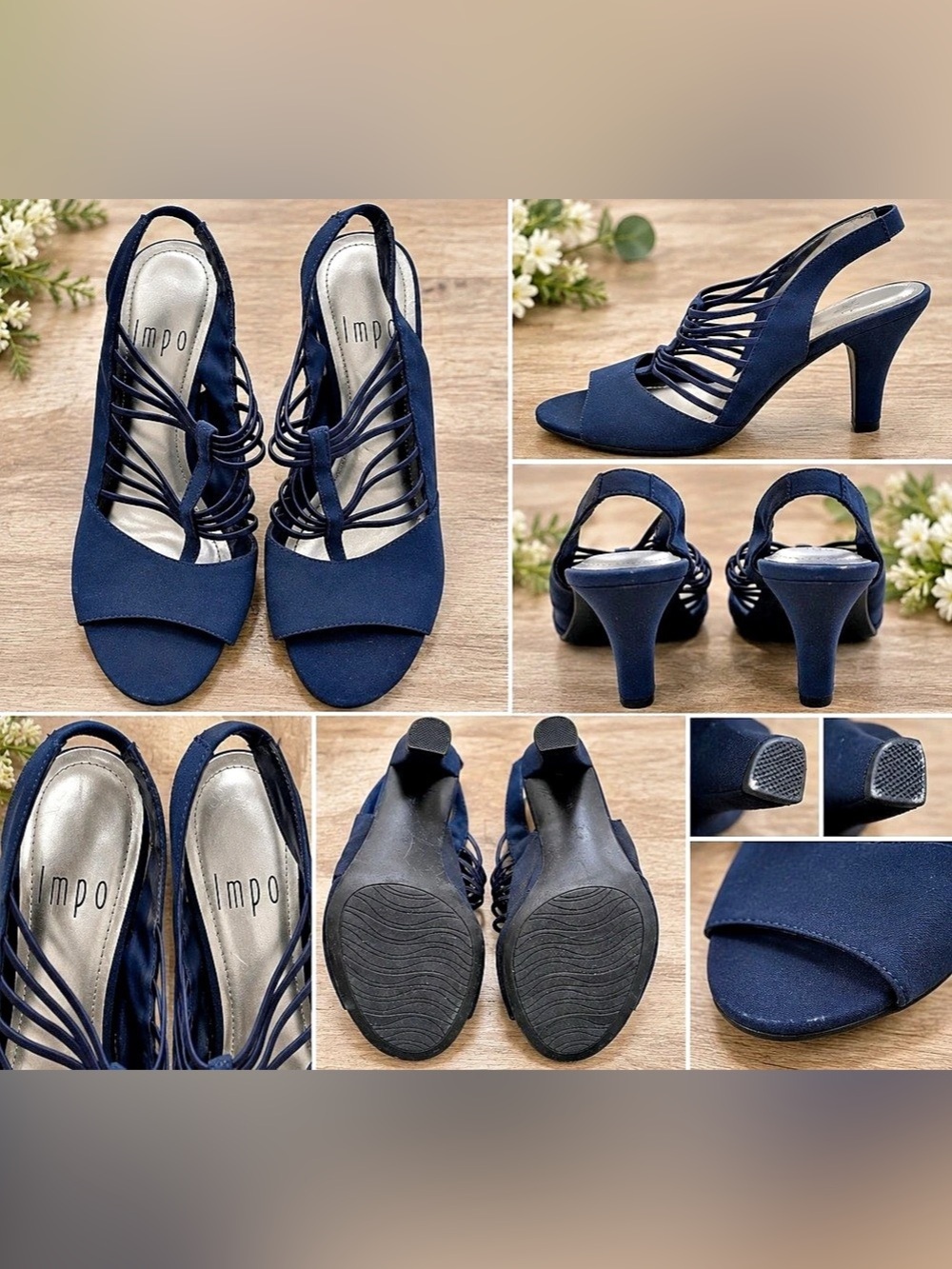 Impo Women’s Size 7.5 Navy Blue Strappy Slingback Peep Toe Heels Sandals